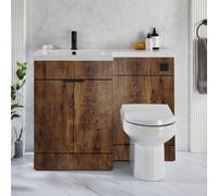 Conjunto de Baño - Roble Oscuro - 1105mm - Versión Izquierda - Mueble de Lavabo y WC - Inodoro - Manijas de Tirar Negras