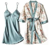 Conjunto De Bata De Noche Para Mujer, Bata De Baño, Lencería,2 Piezas Azul Lago,METRO
