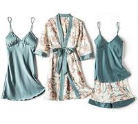 Conjunto De Bata De Noche Para Mujer, Bata De Baño, Lencería,4 Piezas Azul Lago,SG