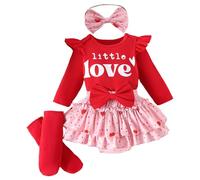 Conjunto de bebé niña recién nacido mono manga larga volantes letras impresas y falda media larga corazón pajarita calcetines cabeza cuatro piezas (rojo, 2-3 años)
