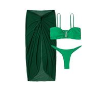 Conjunto De Bikini 3 Piezas for Mujer, Traje Baño con Cable En V Y Falda Playa Torcida, Color Verde Sólido Grande(Red,Large)