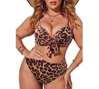Conjunto de bikini con estampado de leopardo para mujer, talla grande, traje de baño de 2 piezas para playa de verano, marrón, 4XL