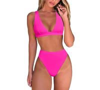Conjunto de bikini de cintura alta para mujer, sexy triángulo brasileño, cuello en V, traje de baño de dos piezas, reloj de pulsera con cronómetro y temporizador, Rosa intenso., L