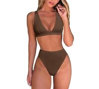 Conjunto de bikini de cintura alta para mujer, sexy triángulo brasileño, cuello en V, traje de baño de dos piezas, reloj de pulsera con cronómetro y temporizador, café, M