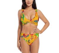 Conjunto de bikini de corte alto acolchado con sombrero de cactus y chile para mujer, traje de baño de dos piezas, Negro, XXL
