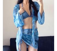 Conjunto de bikini de cuatro piezas para mujer, estilo puro deseo, traje de baño dividido para mujer, traje de baño de playa, traje de baño de vacaciones, ropa de playa (S azul)