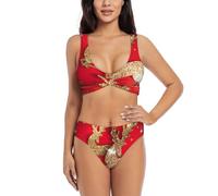 Conjunto de bikini de dos piezas con estampado de Feliz Navidad para mujer con almohadillas extraíbles, traje de baño para playa, piscina, vacaciones, Negro, XXL