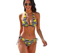 Conjunto de Bikini de Dos Piezas con Tirantes, Top Acolchado y Lazo Lateral, Estampado de patitos de Goma Amarillos, Rayas Blancas y Negras.