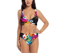 Conjunto de bikini de fútbol colorido para mujer, traje de baño de dos piezas con acolchado extraíble suave, Negro, M