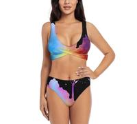 Conjunto de bikini de pigmento de dos piezas para mujer con pantalones cortos, traje de baño de dos piezas con cuello halter, Negro, S
