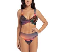 Conjunto de bikini deportivo con estampado de atardecer y cactus y desierto para mujer, trajes de baño de dos piezas con cuello redondo, tallas S-XXL, Negro, S