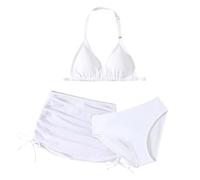 Conjunto de Bikini Niña 3 Piezas 5-11 Años Traje de Baño Niña Adolescente Natacion Bañador Piscina Trikini Tankini Elegante Triangular Cuello Halter y Bragas con Falda Playa (9-10 años, Blanco)