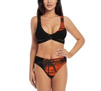 Conjunto de bikini para mujer con ilustración de palmeras, traje de baño de dos piezas con relleno extraíble suave, Negro, XXL