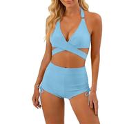 Conjunto de bikini para mujer con pantalones cortos atados a los lados, traje de baño de dos piezas, traje de baño de corte alto, traje de baño sexy, camisa de manga larga para hombre, azul celeste, S
