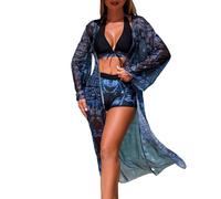 Conjunto de bikini para mujer elegante poncho de playa + bikini con cuello en V con pantalones cortos, traje de baño de moda de verano de 3 piezas con holgado largo boho cubierta up traje de baño para