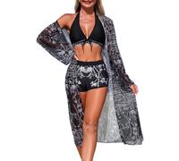 Conjunto de bikini para mujer, poncho de playa de verano + bikini con cuello en V, con pantalones cortos, traje de baño de 3 piezas, elegante traje de baño con holgado largo boho cubierta up traje de