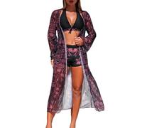 Conjunto de bikini para mujer, poncho de playa de verano + bikini con cuello en V, con pantalones cortos, traje de baño de 3 piezas, elegante traje de baño con holgado largo boho cubierta up traje de