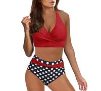 Conjunto de bikini para mujer, trajes de baño de dos piezas con cuello en V y parte superior acolchada con cintura alta, control de abdomen, trajes de baño vintage de verano para mujer, A#2-rojo, XL