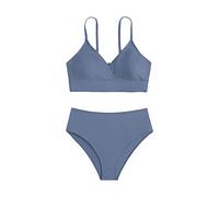 Conjunto de bikini para niñas, tankini de 2 piezas, traje de baño de verano, chaleco y pantalones cortos, de algodón suave, color sólido, traje de baño de playa, azul, 8-10 años