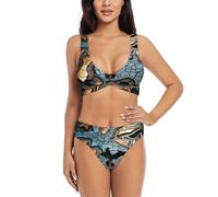 Conjunto de bikini sexy con estampado de rompecabezas para mujer, conjunto de bikini de 2 piezas, trajes de baño para playa, piscina, Negro, M