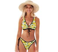 Conjunto de bikini triangular sexy para mujer, delicado patrón floral, lazo frontal, parte superior ajustable en forma de corazón, parte inferior atrevida, Lemon Pattern, M