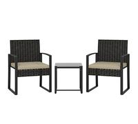 Conjunto de bistró de mimbre de 3 piezas Outsunny, conjunto de muebles de jardín de mimbre PE, mesa de bistró de vidrio templado y sillas con cojines para patio, balcón, porche, color caqui.