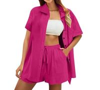 Conjunto de blusa de muselina de verano de dos piezas para mujer, elegante, blusa de lino y pantalones cortos, conjunto de salón de un solo color, ropa de playa, ropa deportiva de algodón, traje de