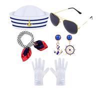 Conjunto De Bufanda De Sombrero Sailor - Traje Náutico | Bufanda De Satén Azul Marino | Gafas De Sol De Tela Sigle | Accesorios De Traje De 150G | Conjunto De Vendedores De Capitán