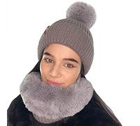 Conjunto de bufanda y gorro de invierno cálido para mujer con pompón y ribete de piel sintética. Totalmente forrado con suave piel de peluche.