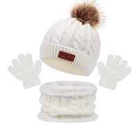 Conjunto de Bufanda y Gorro Guantes 3 Piezas para Niños de 1 a 5 Años, Invierno Lindo Guantes Cálido Bufanda Punto Beanie Gorros con Pompon, Mantener Caliente Accesorios para Niña-Niño (Blanco)