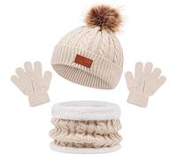Conjunto de Bufanda y Gorro Guantes 3 Piezas para Niños de 1 a 5 Años, Invierno Lindo Guantes Cálido Bufanda Punto Beanie Gorros con Pompon, Mantener Caliente Accesorios para Niña-Niño (Beige)