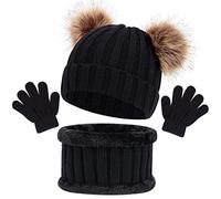 Conjunto de Bufanda y Gorro Guantes 3 Piezas para Niños de 1 a 6 Años, Invierno Lindo Guantes Cálido Bufanda Punto Beanie Gorros con Pompon, Mantener Caliente Accesorios para Niña-Niño (Negro)