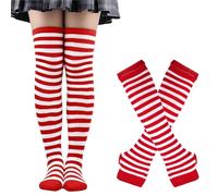 Conjunto de calcetines largos y mitones largos sin dedos de Navidad con rayas de punto, calcetines de rodilla con estilo para moda diaria e invierno, accesorio de pies original y cómodo, 01-rojo