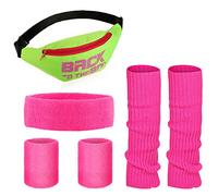 Conjunto de calentadores de piernas para mujer de los años 80 Neón Holográfico Fanny Pack de calentadores de piernas de punto para yoga, correr, senderismo, viajes, Rosa Rojo, Verde Fluorescente