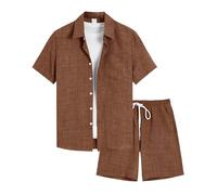 Conjunto de camisa corta para hombre, verano, ligero, de lino, ropa de deporte, informal, lisa, 2 piezas, manga corta con botones, bolsillo en el pecho, bermudas con bolsillos, estilo hawaiano para