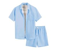 Conjunto de camisa corta para hombre, verano, ligero, de lino, ropa de deporte, informal, lisa, 2 piezas, manga corta con botones, bolsillo en el pecho, bermudas con bolsillos, estilo hawaiano para