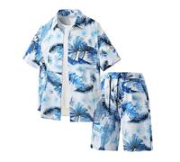 Conjunto de camisa de manga corta y pantalones cortos holgados para hombre, estilo casual, para verano, playa, vacaciones, azul celeste, 4XL