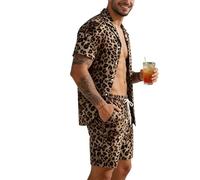 Conjunto de Camisa Hawaiana de Botones y Pantalones Cortos con Estampado de Leopardo para Hombre Conjunto de Pantalones Cortos para Vacaciones de Verano Conjunto de 2 Piezas para la Playa