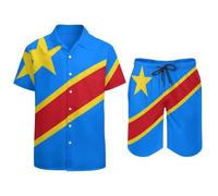 Conjunto De Camisa Y Pantalones Cortos Hawaianos con Estampado De La Bandera De La República Democrática del Congo para Hombre Estilo Tropical Informal Playero De Manga Corta para Fiesta Y Vacaciones