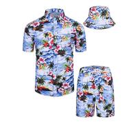 Conjunto de camisas y pantalones cortos hawaianos para hombre, 2 piezas, traje tropical con estampado de flores, traje de playa con botones y sombreros de pescador, azul (21blue), L