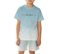 Conjunto de Camiseta de Manga Corta y Pantalones Cortos para niños con Estampado de Ciudad degradada, Transpirable y de Malla, Ideal para Jugar de Forma Informal.#138