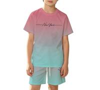 Conjunto de Camiseta de Manga Corta y Pantalones Cortos para niños con Estampado de Ciudad degradada, Transpirable y de Malla, Ideal para Jugar de Forma Informal.#138