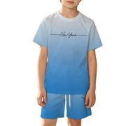 Conjunto de Camiseta de Manga Corta y Pantalones Cortos para niños con Estampado de Ciudad degradada, Transpirable y de Malla, Ideal para Jugar de Forma Informal.#138