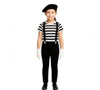 Conjunto de camiseta de rayas blancas y negras, gorro de boina negro, guantes blancos y tirantes negros, disfraz de mimo francés para niñas, atuendo del Día Mundial del Libro (9-10 años)