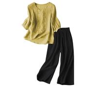 Conjunto de camiseta para mujer, cuello redondo, manga 3/4, pantalones sueltos, de algodón, informal, holgado, traje de dos piezas con top y pantalón, transpirable y cómodo para el uso diario de