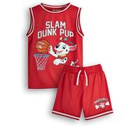 Conjunto de camiseta y pantalones cortos de baloncesto Paw Patrol para niños | Conjunto deportivo de dos piezas Slam Dunk Pup para niños | Paquete a juego para niños, Rojo, 6-7 años