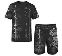 Conjunto de Camiseta y Pantalones Cortos de Mitología Nórdica para Hombre, Estilo Vikingo, Ropa Urbana de Verano con Runas Antiguas, Símbolos Tribales de Guerreros y Estampados Llamativos(Yggdrasil,4X