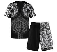 Conjunto de Camiseta y Pantalones Cortos de Mitología Nórdica para Hombre, Estilo Vikingo, Ropa Urbana de Verano con Runas Antiguas, Símbolos Tribales de Guerreros y Estampados Llamativos(Sword and Sh