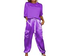 Conjunto de camiseta y pantalones de media manga de satén suave, casual, cómodo, de manga corta y pantalón largo, traje de satén de dos piezas, Morado (, L