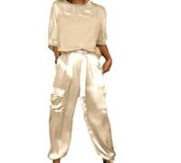 INFORMPOT Conjunto de camiseta y pantalones de satén suave para mujer, conjunto de dos piezas de satén de verano para mujer, conjunto de descanso, albaricoque, M